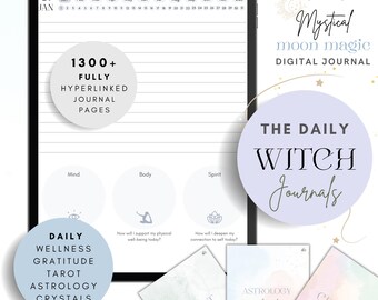 May include: Digital journal on a tablet screen with the text "1300+ Fully Hyperlinked Journal Pages." The journal includes sections for mind, body, and spirit, with additional text for daily wellness, gratitude, tarot, astrology, and crystals. The journal is titled "Mystical Moon Magic."