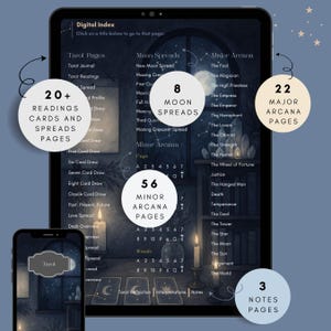 Tarot journal index page shown on an iPad, highlighting links to over twenty tarot readings and spreads, major and minor arcana study pages, moon spreads, reflections, and notes within a fully hyperlinked journal.