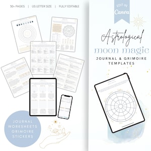 Astrology & Moon Journal with Stickers, Digital Planner, Canva Template, PLR License, Moon Phases, Trackers, Prompts, Printable, Editable