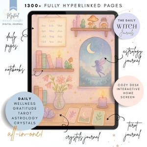 Puede incluir: Un diario digital en una tableta, con ilustraciones de acuarela de un hada, cristales, velas y cartas del tarot. El texto incluye "Bienestar Diario", "Tarot" y "Astrología". El diario tiene más de 1300 páginas con hipervínculos.