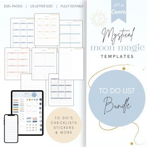 Puede incluir: Un paquete de planificador digital con el texto "Mystical moon magic TEMPLATES" y "TO DO LIST Bundle". La imagen muestra varias páginas de planificador, una tableta y un teléfono. También es visible el texto "250+ PAGES | US LETTER SIZE | FULLY EDITABLE".