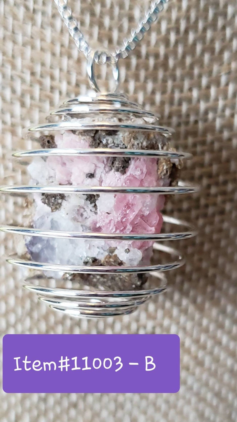 Pink Tourmaline on Quartz in Spiral Cage Pendants