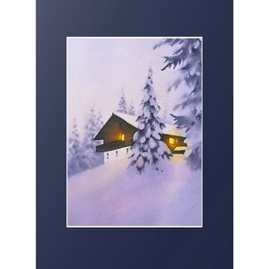 May include: A watercolor painting of a small, snow-covered cabin with a warm light glowing from a window. The cabin is nestled among tall, snow-laden pine trees in a wintery landscape.