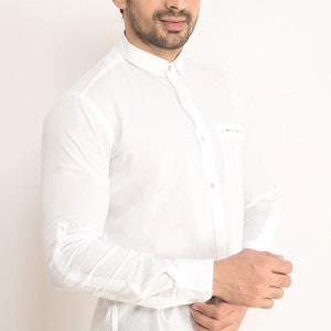 White organic cotton men's formal / casual shirt, Men's long sleeve white shirt with printed Ikat, Geometric, Bird, Checks, Cut pocket , image 2