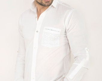 Spread Collar Long Sleeve printed cut pocket shirt, Men's long sleeve semi formal  white shirt with printed Cut pocket & no yoke.