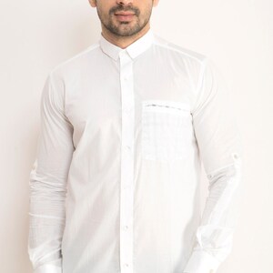 White organic cotton men's formal / casual shirt, Men's long sleeve white shirt with printed Ikat, Geometric, Bird, Checks, Cut pocket , image 3