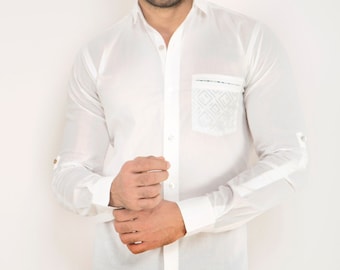 Organic Cotton White Shirt, Long Sleeve Spread Collar with Print Pocket
