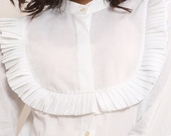White summer top with pleated round frill front yoke, Organic Women's white blouse , Woman's long sleeve shirt top