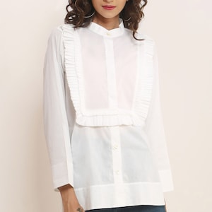 Women's Cotton Office Shirt, Woman's Organic Cotton long sleeve Blouse, White top with pleated square frill front yoke, Ruffled blouse