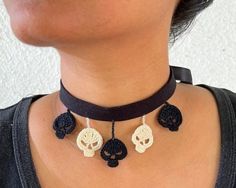 Skull Choker , Halloween Neckband Choker , Gothic Choker , Crochet Choker with satin ribbon, Gothic Jewelry ,