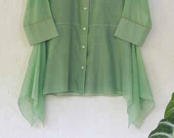 Handkerchief Hemline Women's Shirt, Women's Green Chanderi shirt top, Organic Chanderi silk Long sleeves Shirt top ,
