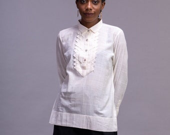 Triangular frill button placket shirt, Ivory Khadi full sleeve women's shirt , Ivory Khadi woman's summer shirt