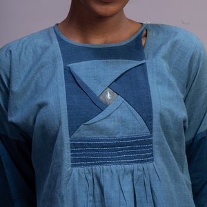 Blue indigo  Gathered Midi dress , Women&#39;s Indigo long sleeves dress, Indigo Handspun & Handwoven  dress with patchwork. Detailed front