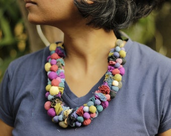 Fabric necklace , Multicoloured Fabric Potli Necklace , Recycled fabric necklace