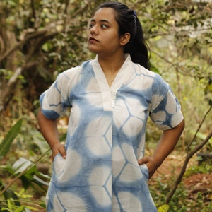 Indigo floral shibori kaftan tunic with pockets, Natural dye loose fit casual kurta image 6