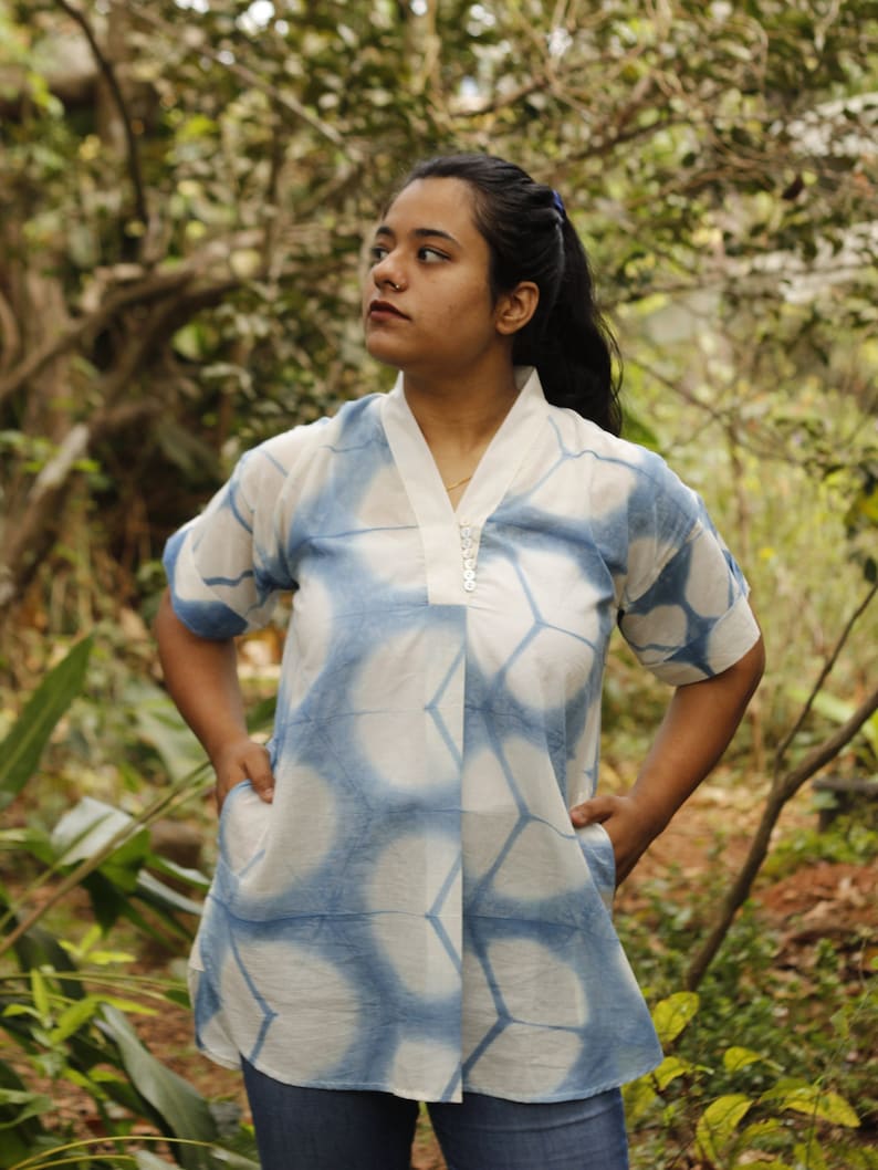 Indigo floral shibori kaftan tunic with pockets, Natural dye loose fit casual kurta image 6