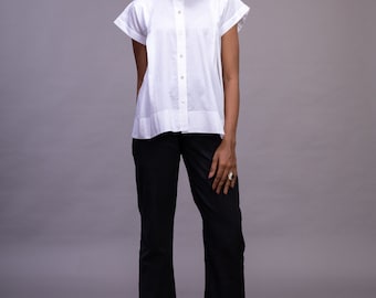 White organic cotton woman's top, Textured yoke , Woman's drop shoulder shirt top, White summer top with textured back yoke