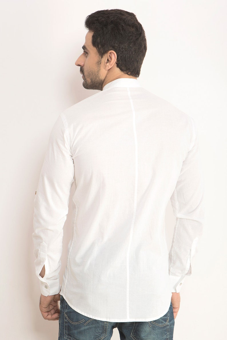 Chinese collar white summer shirt, Foldable long sleeve Organic cotton shirt, printed Cut pocket Ikat, Geometric, Bird, Checks & no yoke. image 3