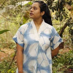 Indigo floral shibori kaftan tunic with pockets, Natural dye loose fit casual kurta image 4