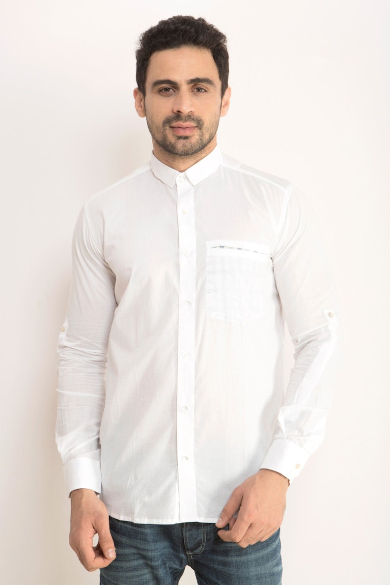 White organic cotton men's formal / casual shirt, Men's long sleeve white shirt with printed Ikat, Geometric, Bird, Checks, Cut pocket , image 3