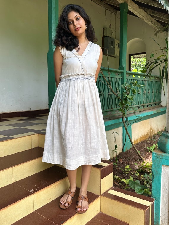 Ivory Smoking Handwoven Sleeveless Woman's Dress, Ivory Organic Cotton Dress  With Smocked Frilled Waist, Ivory Sleeveless Summer Dress - Etsy