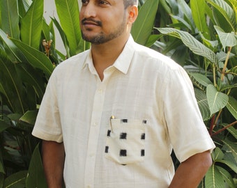 Short sleeve Ivory shirt with Ikat Cut pocket, Ivory organic cotton summer shirt, white semi formal shirt