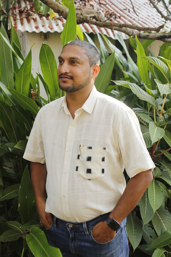 Ikat print pocket short sleeve, handloom organic cotton shirt