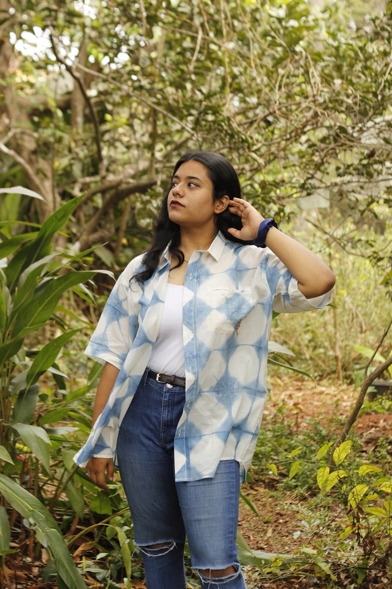 Indigo Geometric shibori short sleeves shirt with moon yoke & embroidery pocket, short sleeves shirt with moon yoke, image 2