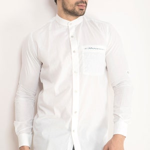Chinese collar white summer shirt, Foldable long sleeve Organic cotton shirt, printed Cut pocket Ikat, Geometric, Bird, Checks & no yoke. image 1