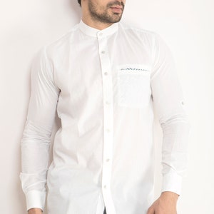 Chinese collar white summer shirt,  Foldable long sleeve Organic cotton shirt, printed Cut pocket Ikat, Geometric, Bird, Checks & no yoke.