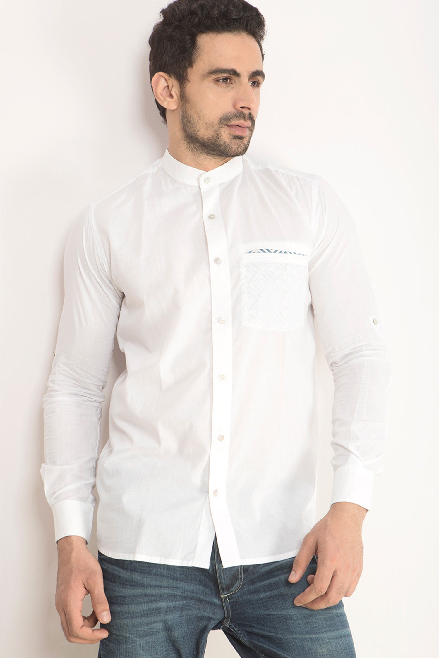 Chinese Collar White Summer Shirt, Foldable Long Sleeve