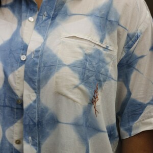 Indigo Geometric shibori short sleeves shirt with moon yoke & embroidery pocket, short sleeves shirt with moon yoke, image 8
