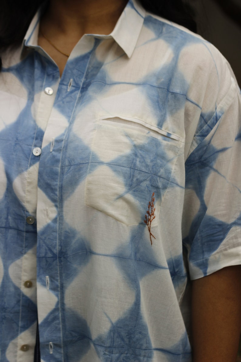 Indigo Geometric shibori short sleeves shirt with moon yoke & embroidery pocket, short sleeves shirt with moon yoke, image 8