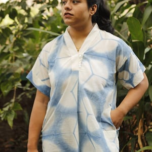 Indigo floral shibori kaftan tunic with pockets, Natural dye loose fit casual kurta image 1