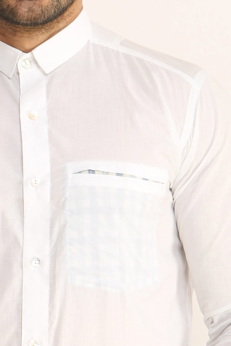 White organic cotton men's formal / casual shirt, Men's long sleeve white shirt with printed Ikat, Geometric, Bird, Checks, Cut pocket , image 4