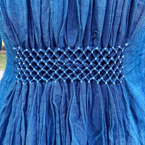 Shirt dress blue Handloom with back smock and front pintucks, Women's long sleeve dress, Indigo Organic cotton boho summer dress