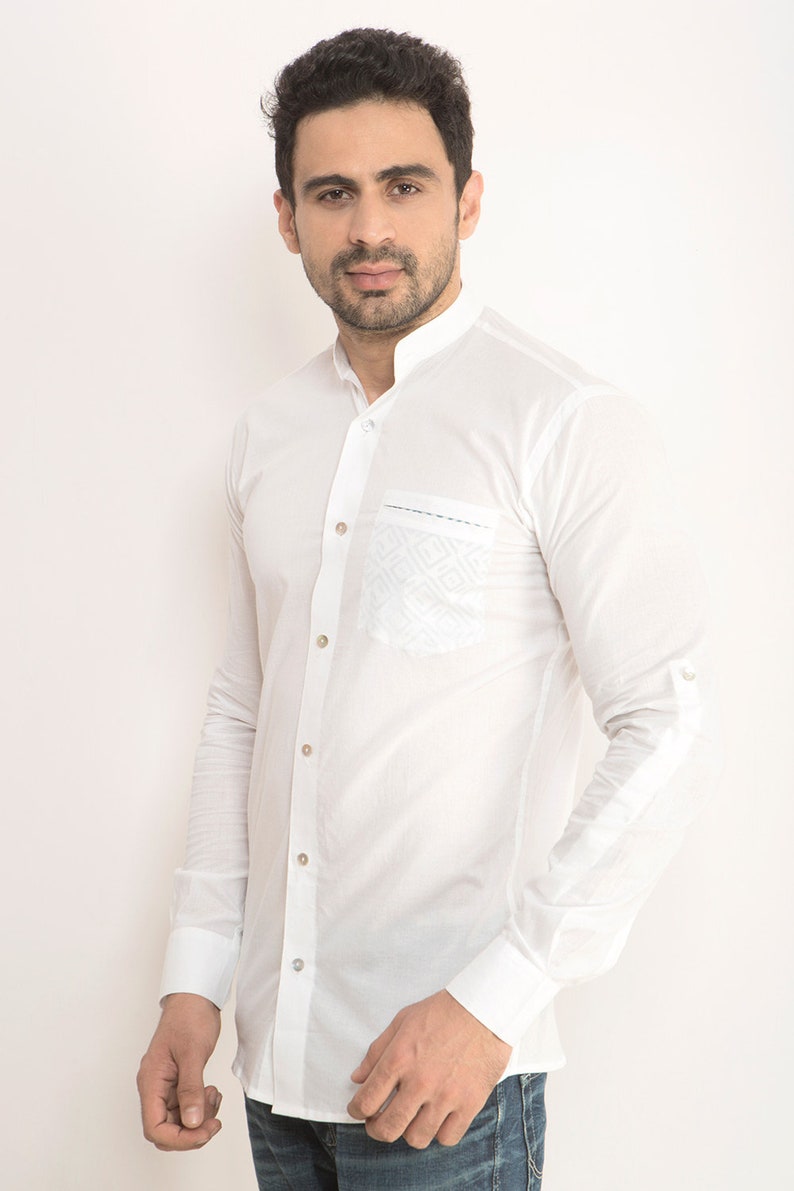 Chinese collar white summer shirt, Foldable long sleeve Organic cotton shirt, printed Cut pocket Ikat, Geometric, Bird, Checks & no yoke. image 2