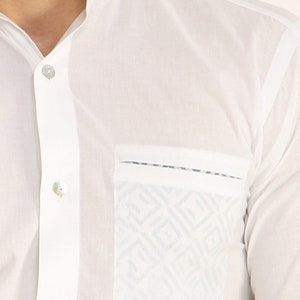 Chinese collar white summer shirt, Foldable long sleeve Organic cotton shirt, printed Cut pocket Ikat, Geometric, Bird, Checks & no yoke. 01 Blue Geometric