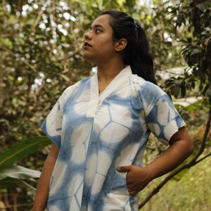 Indigo floral shibori kaftan tunic with pockets, Natural dye loose fit casual kurta image 5