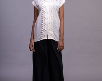 Frill handloom cotton blouse, Women's ebony & ivory  blouse, Women's collared cotton blouse, semi formal blouse