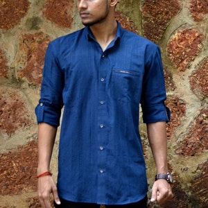 Indigo cotton handloom shirt with ikat cut pocket,  Men&#39;s long sleeve indigo shirt with Cut pocket , Indigo organic cotton summer shirt