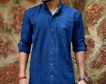 Indigo cotton khadi men's shirt , Men's long sleeve indigo shirt with Ikat Cut pocket , Indigo organic cotton summer shirt
