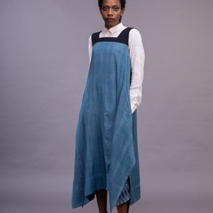 Sleeveless Indigo dress with pockets , reversible Indigo flare dress with shell buttons and ikat detailing , interchangeable back and front
