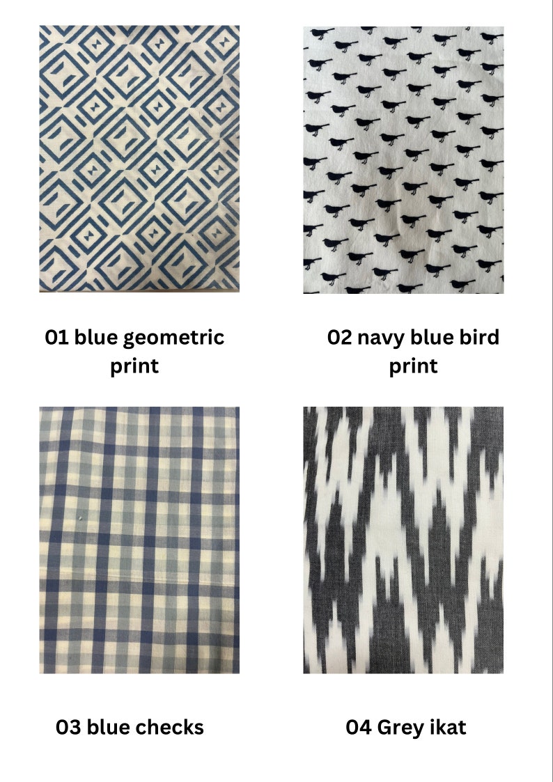 Chinese collar white summer shirt, Foldable long sleeve Organic cotton shirt, printed Cut pocket Ikat, Geometric, Bird, Checks & no yoke. 02 Navy blue bird