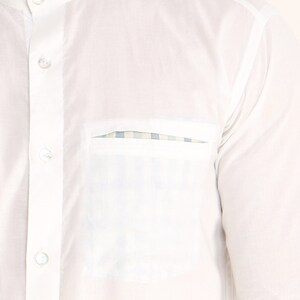 Chinese collar white summer shirt, Foldable long sleeve Organic cotton shirt, printed Cut pocket Ikat, Geometric, Bird, Checks & no yoke. 03 Blue Checks print