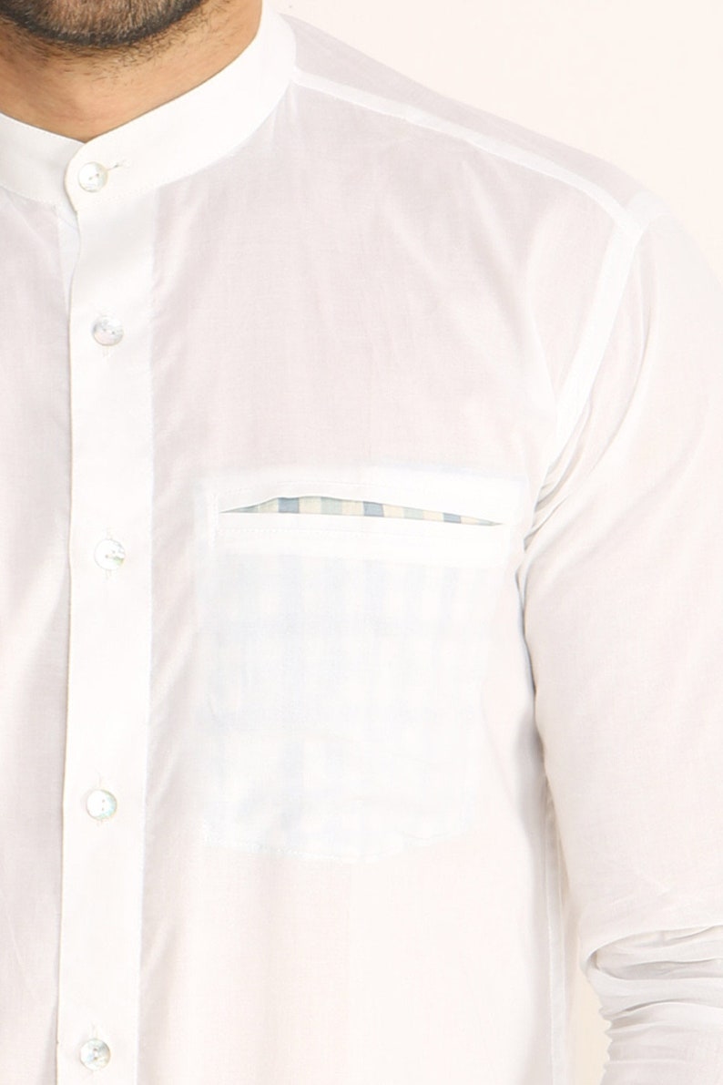 Chinese collar white summer shirt, Foldable long sleeve Organic cotton shirt, printed Cut pocket Ikat, Geometric, Bird, Checks & no yoke. 03 Blue Checks print