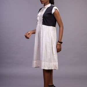 Gathered Dress with triangular frills, Ebony and ivory frill dress , Women's Handloom & Handspun Shirt Dress, Women's collared cotton dress image 4