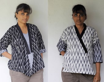 Reversible Ikat Jacket, Indigo Ikat overlap & reversible jacket, Handloom woman's reversible overlap jacket, winter fusion ikat jacket