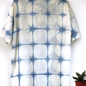 Indigo Geometric shibori short sleeves shirt with moon yoke & embroidery pocket, short sleeves shirt with moon yoke, image 9