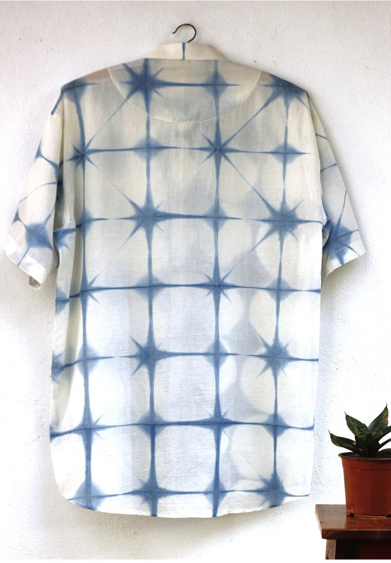 Indigo Geometric shibori short sleeves shirt with moon yoke & embroidery pocket, short sleeves shirt with moon yoke, image 9